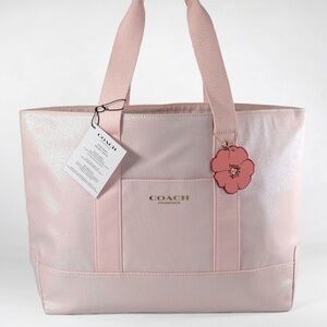Coach Tote Bag Pink Sparkle Shimmer Flower Keychain NEW TAGS